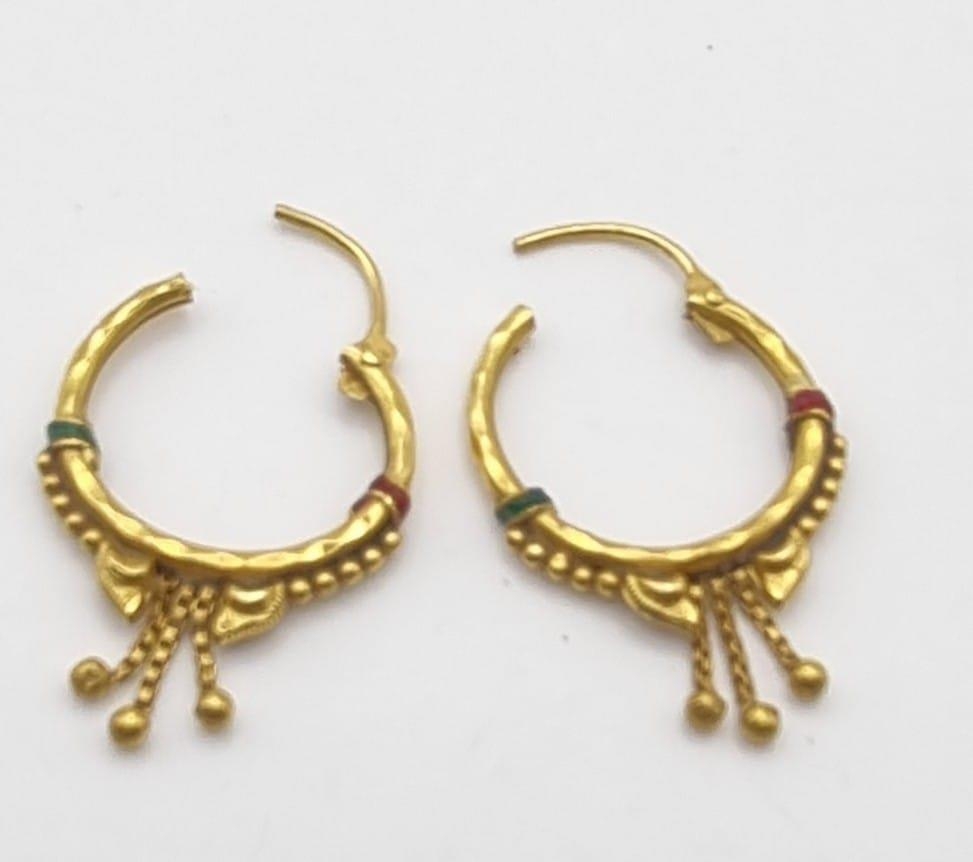 A Pair of 21k Yellow Gold and Enamel Hoop Earrings. 6.72g total weight. Ref - 8820. A/F. - Image 2 of 2