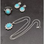 18K Natural turquoise and diamond set. Ring: 5.36g, size M Earrings: 9.00 grams total, length: 2.