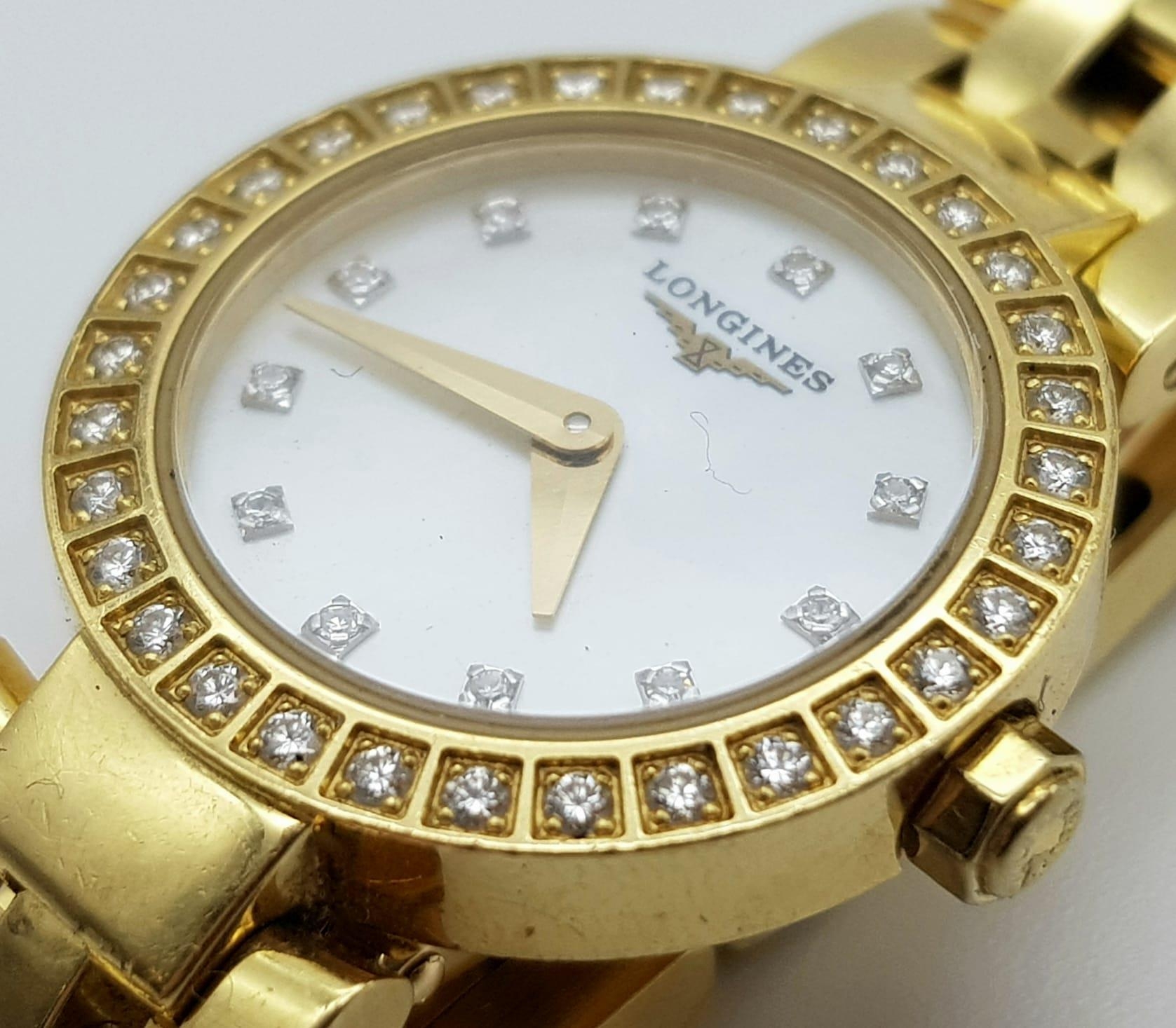 Longine ladies watch 18k diamond watch in original box and certificate. 54.3 grams. 19mm. - Image 2 of 7