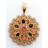 A vintage, 18 k yellow gold pendant with diamonds and coloured tourmalines. Dimensions: 27 x x27 x 8