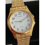 Gentlemans CITIZEN QUARTZ WRISTWATCH in gold tone, having White face with black digits and hands,