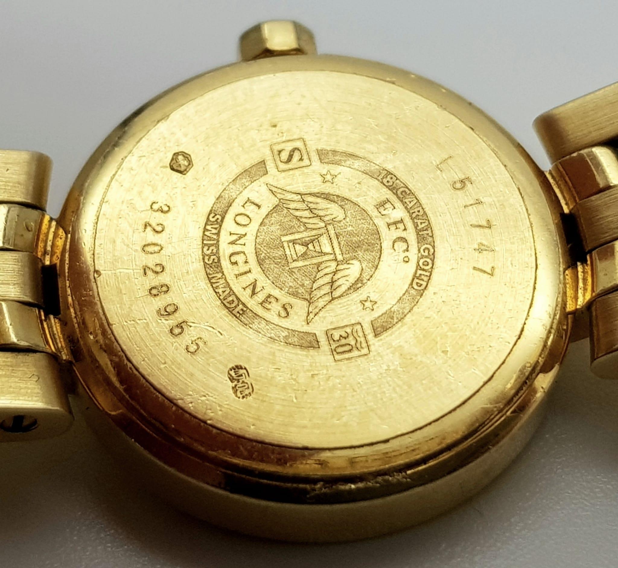Longine ladies watch 18k diamond watch in original box and certificate. 54.3 grams. 19mm. - Image 7 of 7
