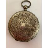 Antique Ladies SILVER pocket watch, having white enamel face with floral detail and black Roman