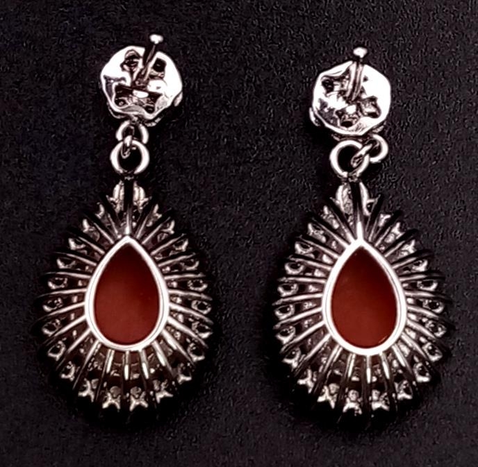 A glamorous pair of 18ct white gold earrings with polished natural red coral and diamonds (1.5 - Image 3 of 4