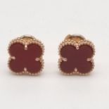 A Pair of 18K Rose Gold Van Cleef and Arpels Alhambra Carnelian Stud Earrings. Light and delicate