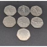 Seven Collectable English 50p Coins. Please see photos for details and conditions.