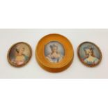 Three antique signed miniature paintings in oriental gilt frame. 17x10cm, 15x8.5cm.