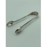 Antique Victorian SILVER pair of sugar tongs with Barley twist detail, having clear hallmark for