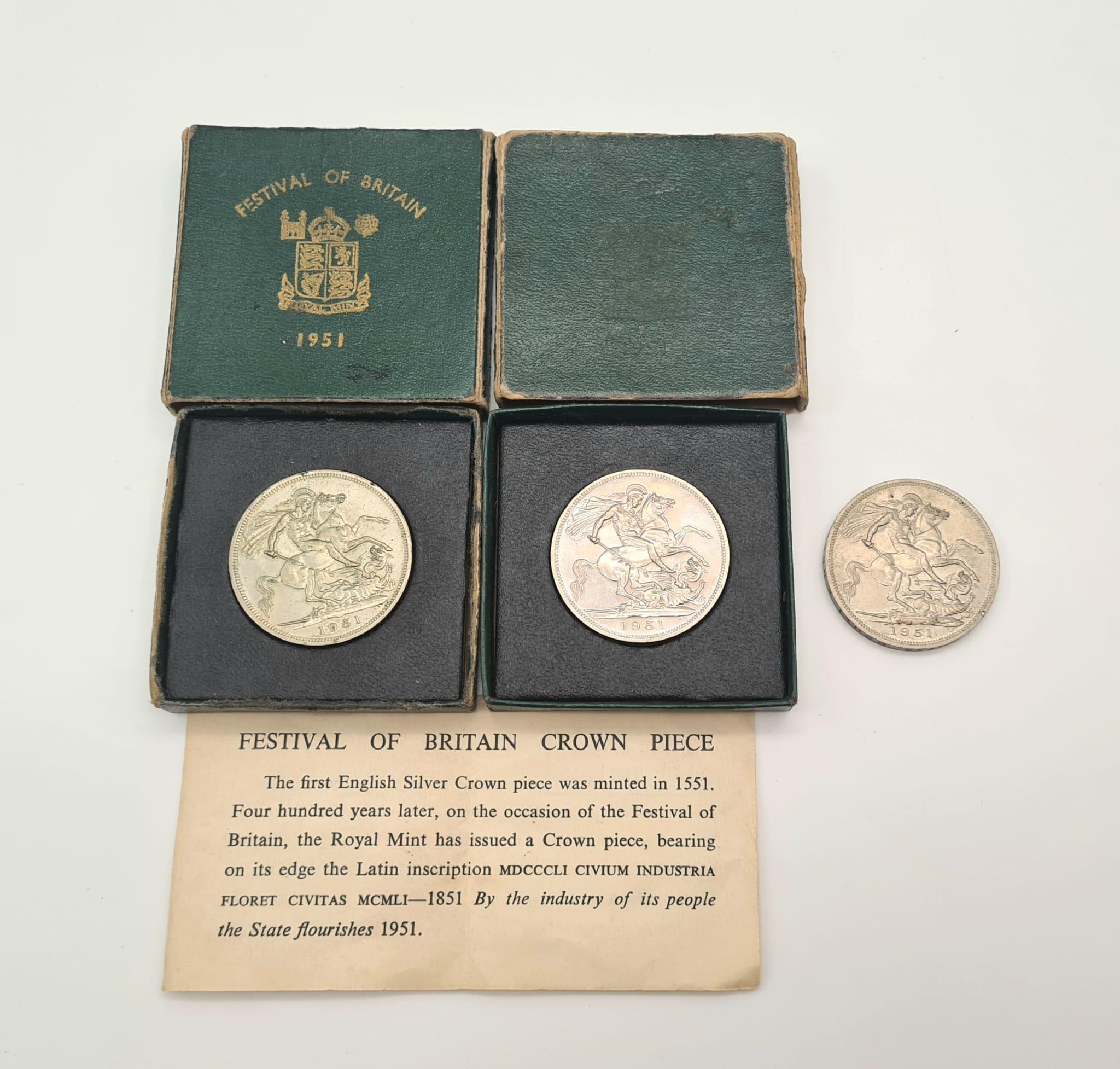 Three Festival of Britain 1951 George VI Crowns. Two in original boxes. Please see photos for