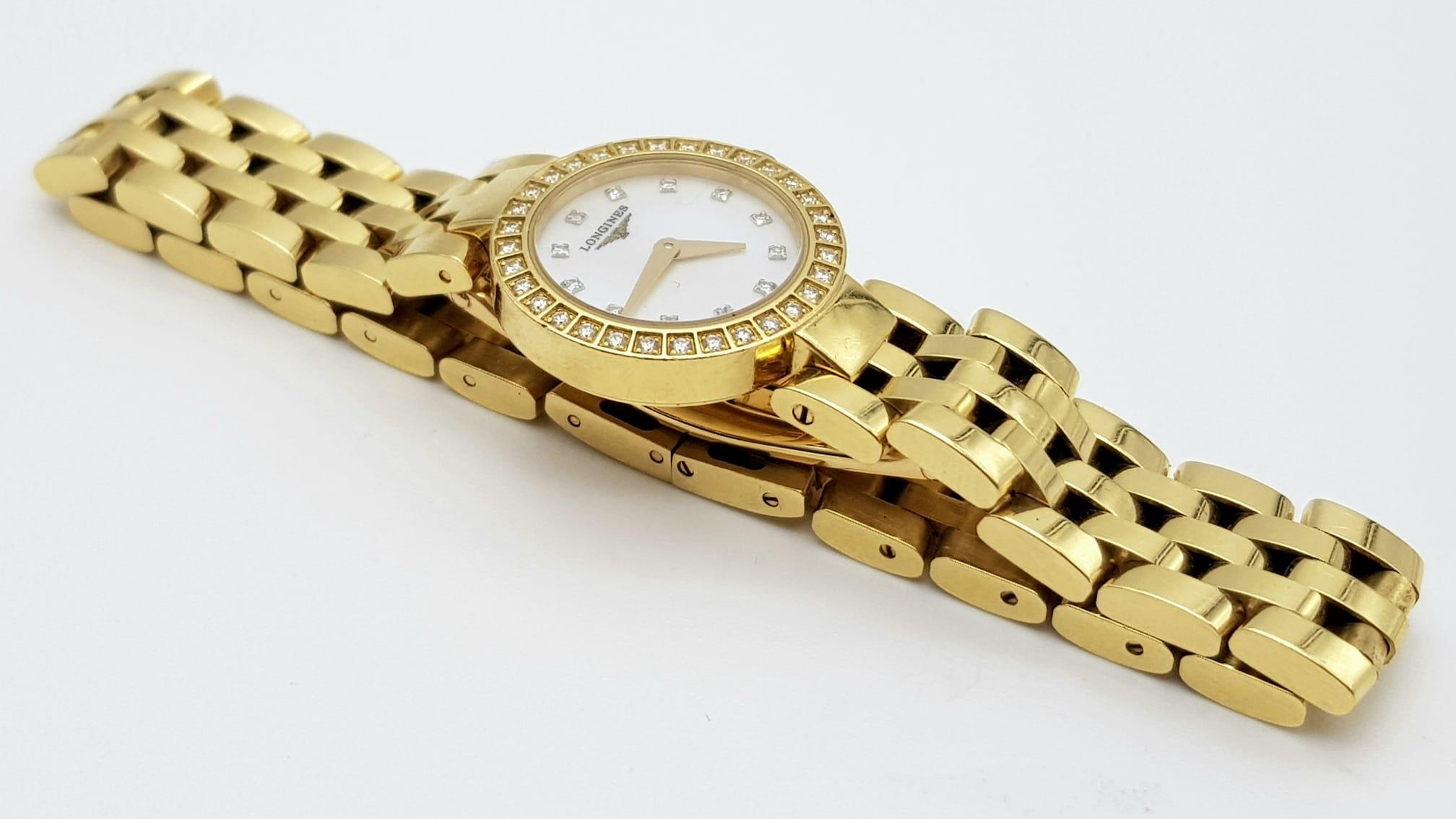 Longine ladies watch 18k diamond watch in original box and certificate. 54.3 grams. 19mm. - Image 6 of 7