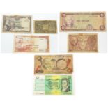 A Collection of 7 Vintage Various Country Original Bank Notes comprising; An Australian 2 Dollar