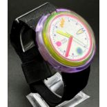A Rare Limited Edition Vintage Pop Swatch Watch. Cloth strap. Case - 55mm. In working order.