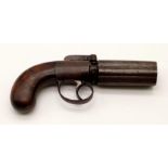 A Rare Mid 1800s Pepper Pot Percussion Pistol. Six revolving barrels. Top bar hammer. Made by Edward