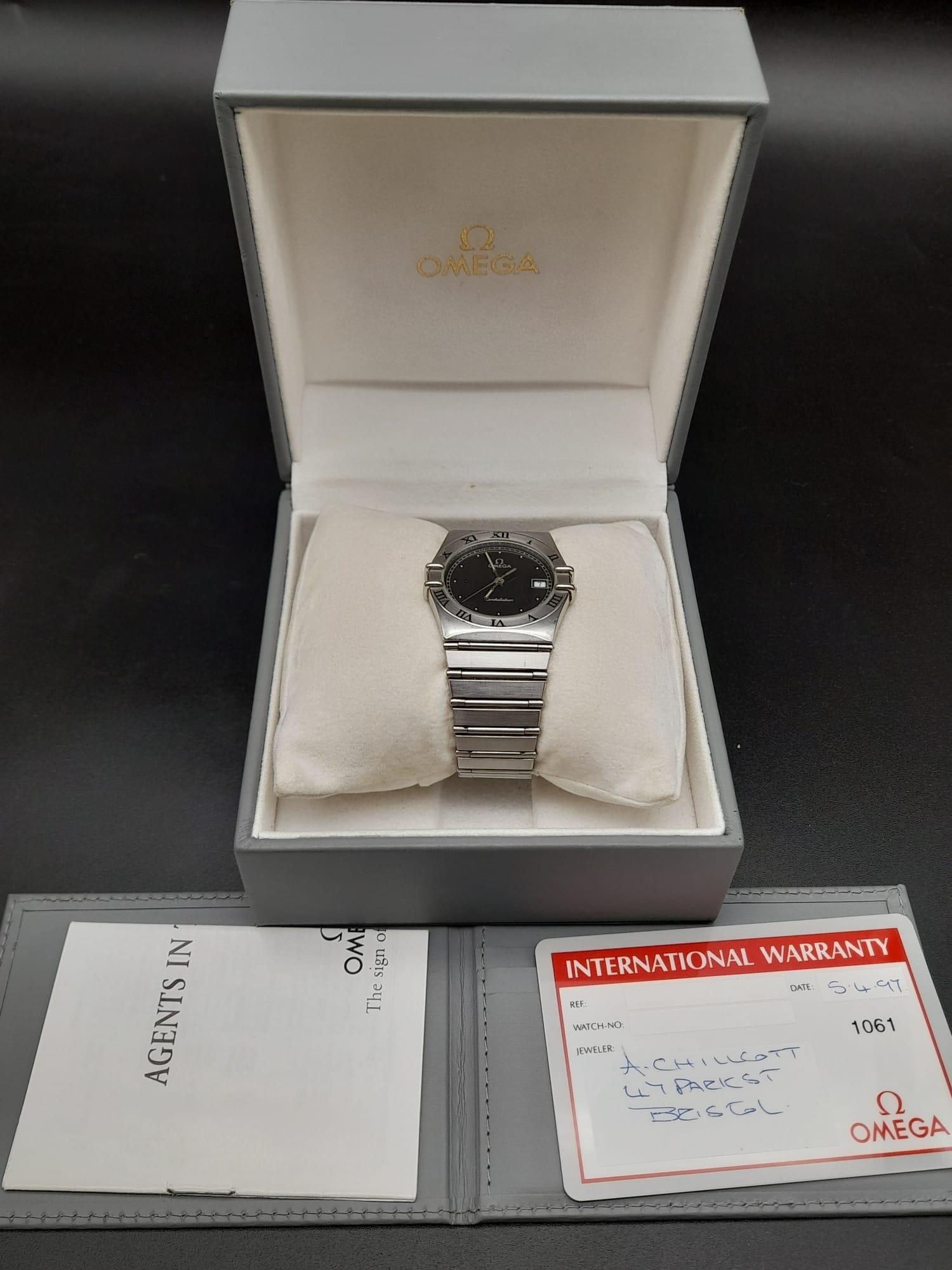 OMEGA CONSTELATION QUARTZ BRACELET WATCH WITH ORIGINAL BOX AND PAPERS. 32mm. Needs batteries. - Image 13 of 13