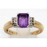 9K YELLOW GOLD DIAMOND & AMETHYST RING. 2.9G SIZE O.