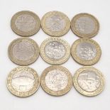 Nine Collectible English Two Pound Coins: Robert Burns, Rugby world cup, William Shakespeare x2,