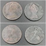 Two George II Half Penny Coins. 1739, 1752. Please see photos for conditions. Spink- 3717 and 3719.