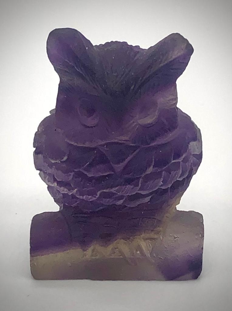 A Rainbow Fluorite Crystal Hand-Carved Owl Figurine. 5 x 3.5cm.