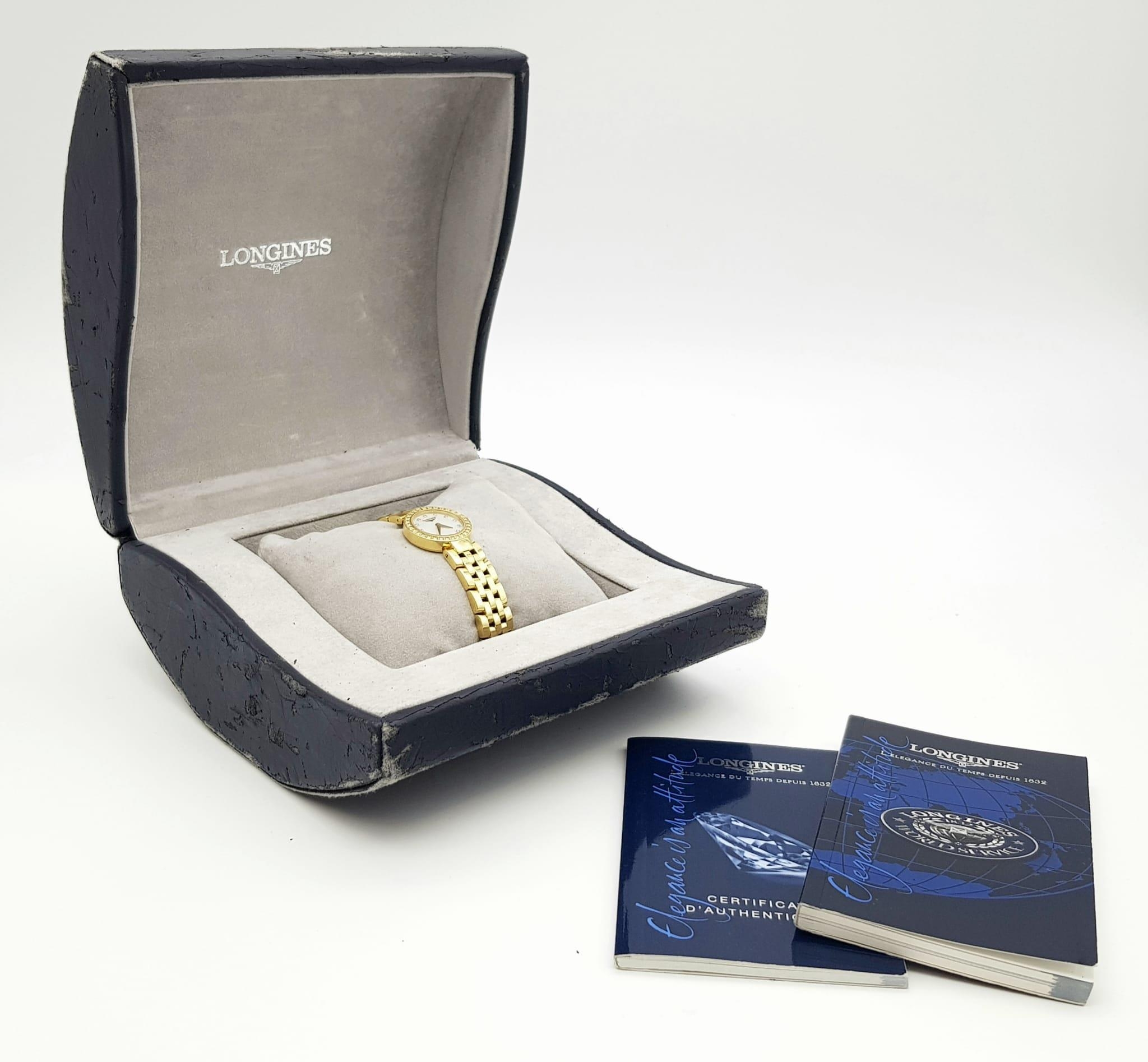 Longine ladies watch 18k diamond watch in original box and certificate. 54.3 grams. 19mm. - Image 4 of 7