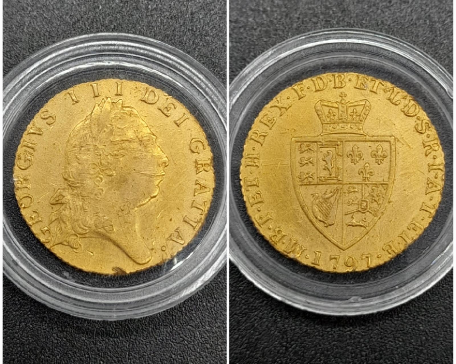 A 1779 George III Half Guinea 22K Gold Coin. VF condition but please see photos. 4.2g.