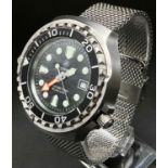 An Apeks 1000 metre Dive Watch. Helium -Safe. Stainless steel strap and case - 45mm. Black dial with