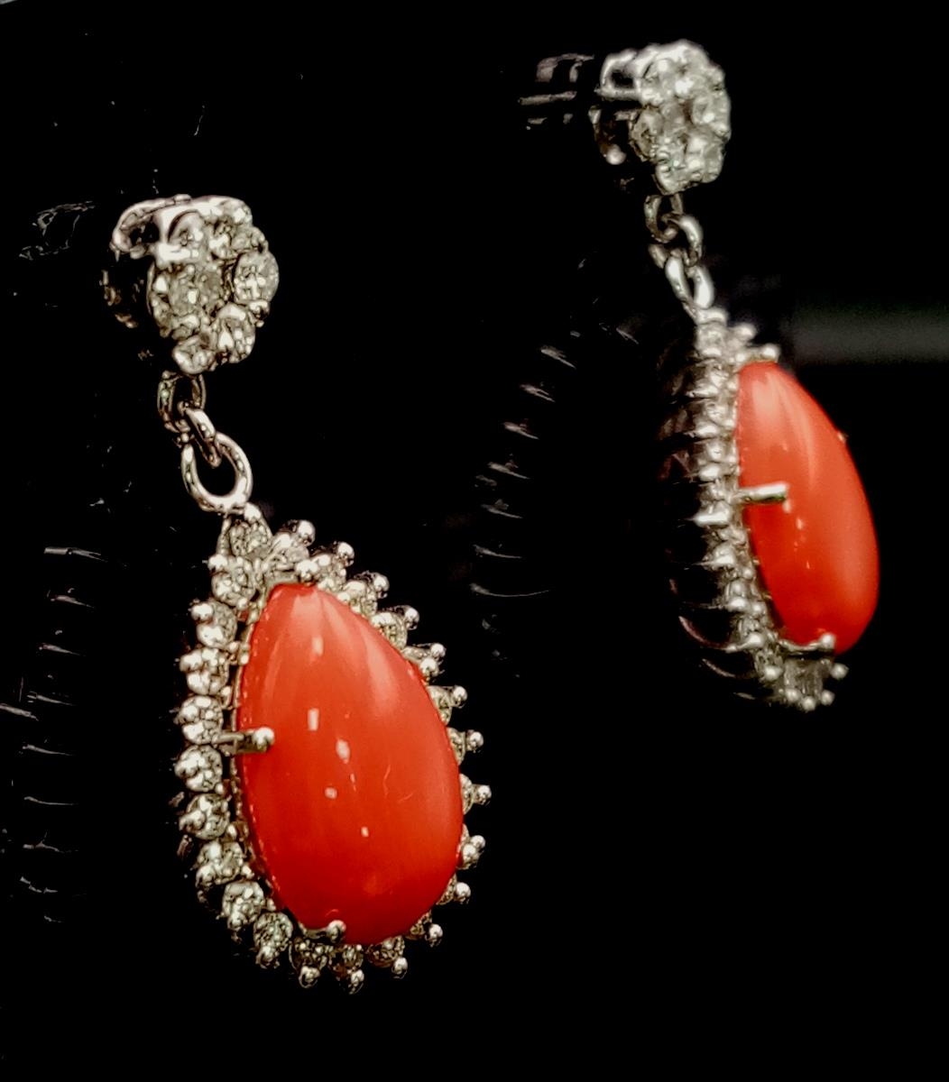 A glamorous pair of 18ct white gold earrings with polished natural red coral and diamonds (1.5 - Image 2 of 4