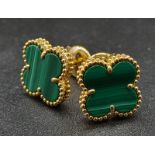 A Pair of 18K Yellow Gold Van Cleef and Arpels Alhambra Malachite Earrings. 3.37g total weight.