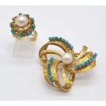 A Wonderful Vintage Possibly Antique 18K Yellow Gold, Turquoise and Pearl Ring/Brooch Set. Ring -