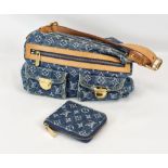 A Louis Vuitton Denim Shoulder Bag with a Matching Wallet Purse. Blue denim monogram and leather