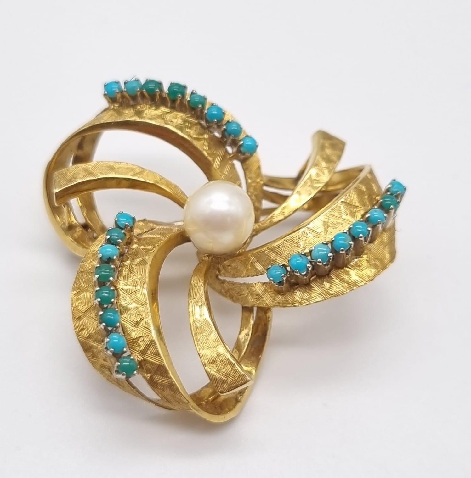 A Wonderful Vintage Possibly Antique 18K Yellow Gold, Turquoise and Pearl Ring/Brooch Set. Ring - - Image 10 of 13