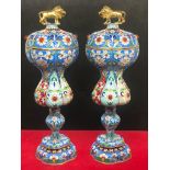 A large pair of Russian silver enamel lion top lidded vases Weight pair : 850 grams Height 23.5cm