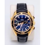 An Omega Seamaster Planet Ocean 600M Co-Axial Chronograph 18K Gold Gents Watch. Black leather and