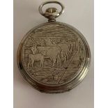 Stunning vintage ARNEX farm scene pocket watch, having white face with cattle and floral detail,
