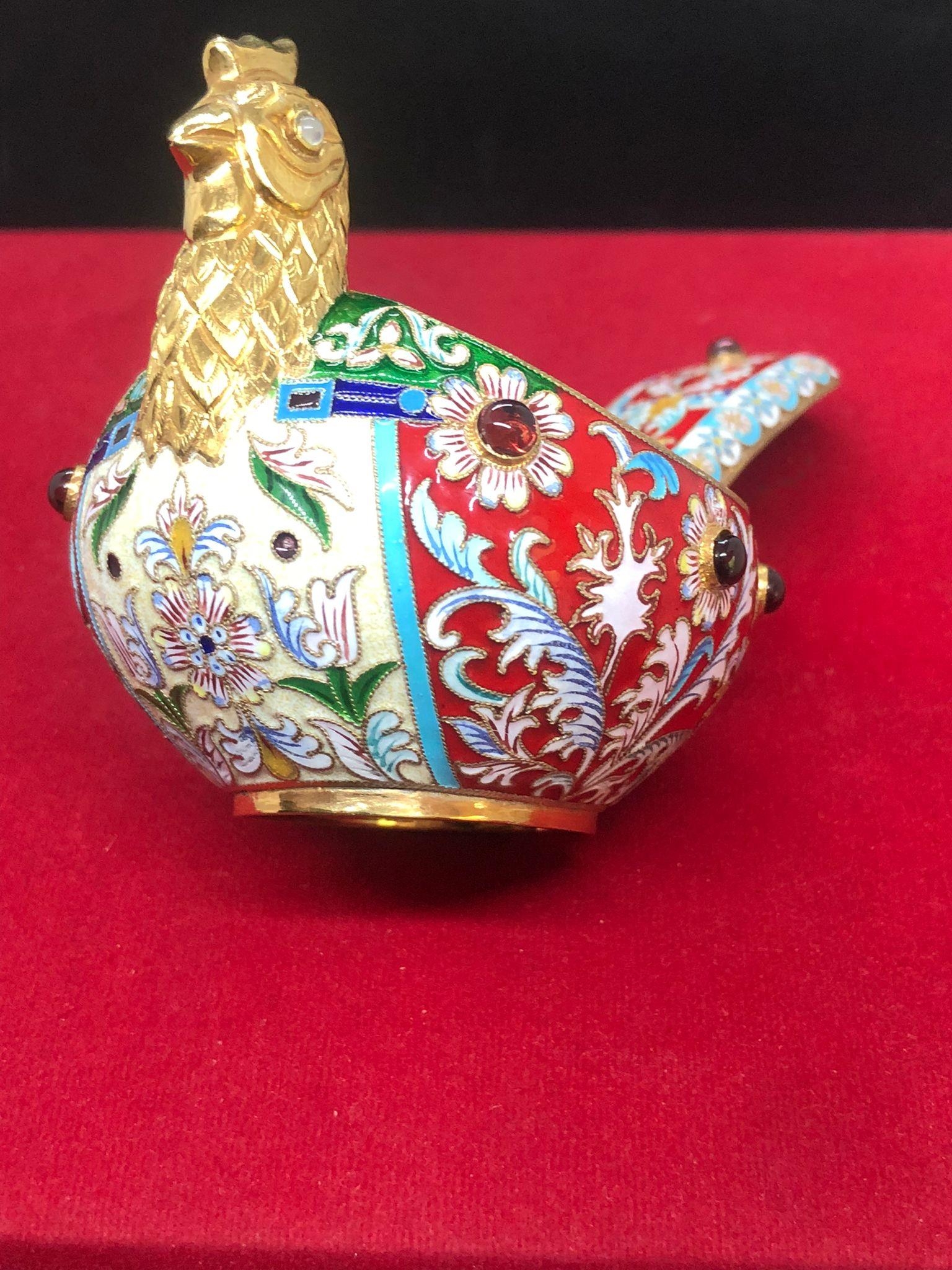 A large Russian silver enamel gem set Russian bird kovsh in red colour theme. Length to tail 13cm - Image 8 of 11