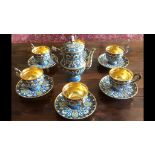 A RUSSIAN SILVER GILT AND CLOISONNÉ ENAMEL TEA SET. Complete set of 13 pieces . Superb condition