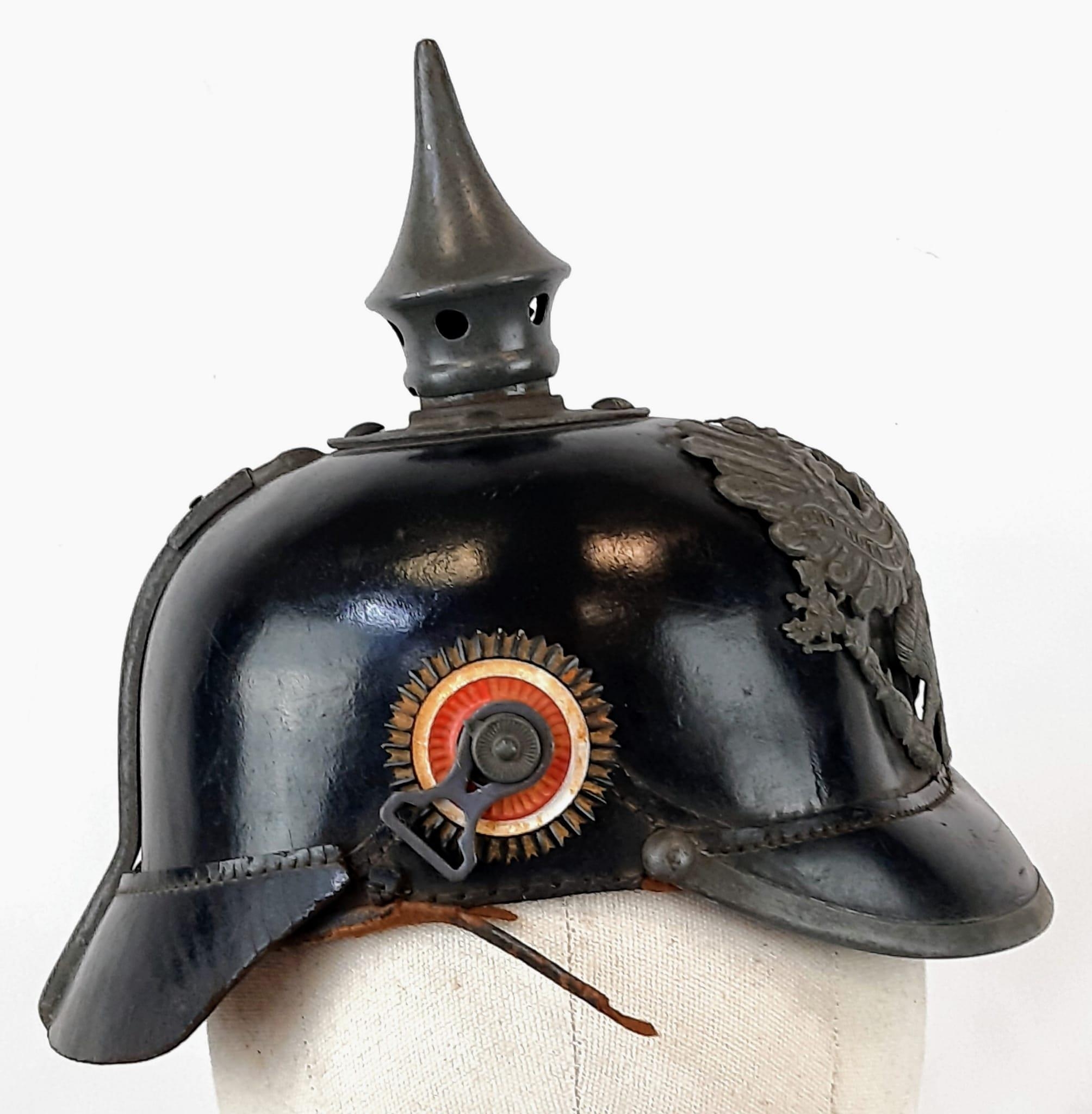 WW1 Prussian M1915 Infantry Pickelhaube. Unit stamped. With liner & cockades. - Image 3 of 6