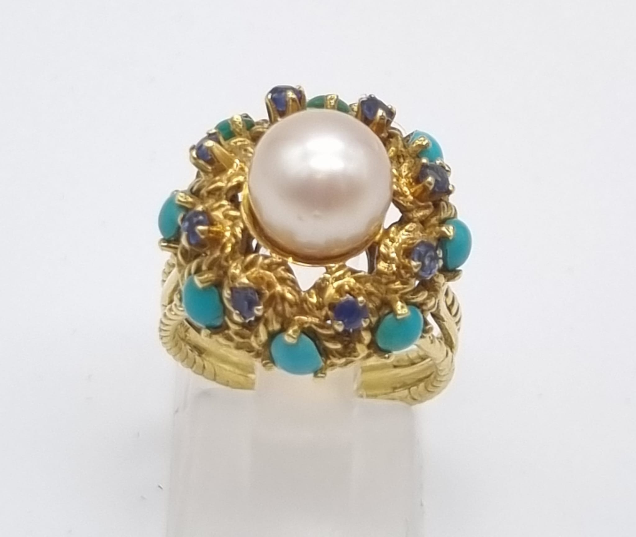 A Wonderful Vintage Possibly Antique 18K Yellow Gold, Turquoise and Pearl Ring/Brooch Set. Ring - - Image 3 of 13