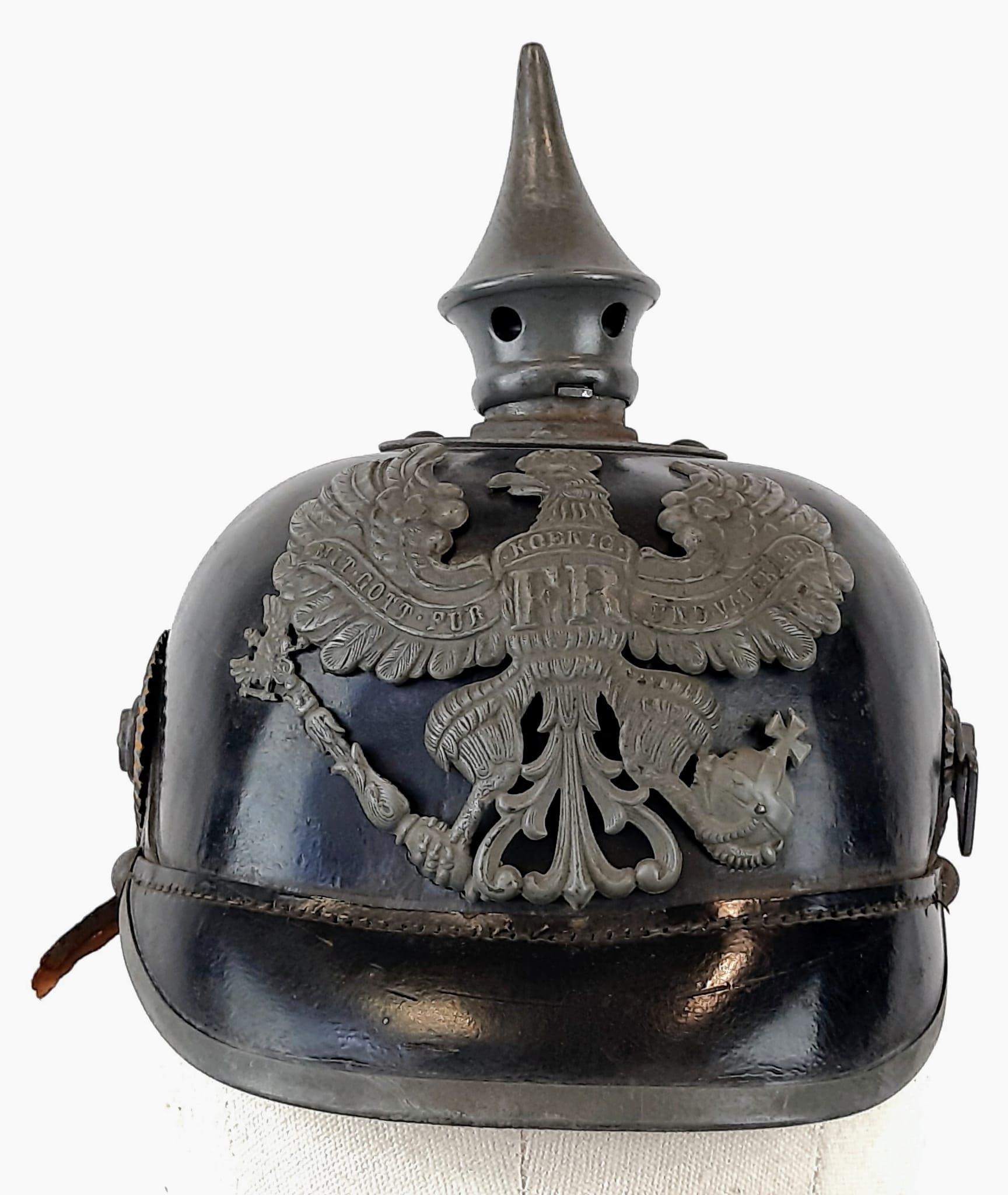 WW1 Prussian M1915 Infantry Pickelhaube. Unit stamped. With liner & cockades.