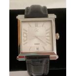 Gentlemans GUESS Quartz wristwatch model GC 9000 in silver tone, having square case with Art Deco