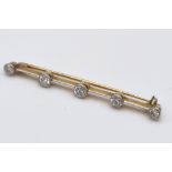 A VINTAGE 9K GOLD BAR BROOCH WITH 5 DIAMONDS IN CLASSIC STYLE AND IN ORIGINAL BOX. 3.9gms
