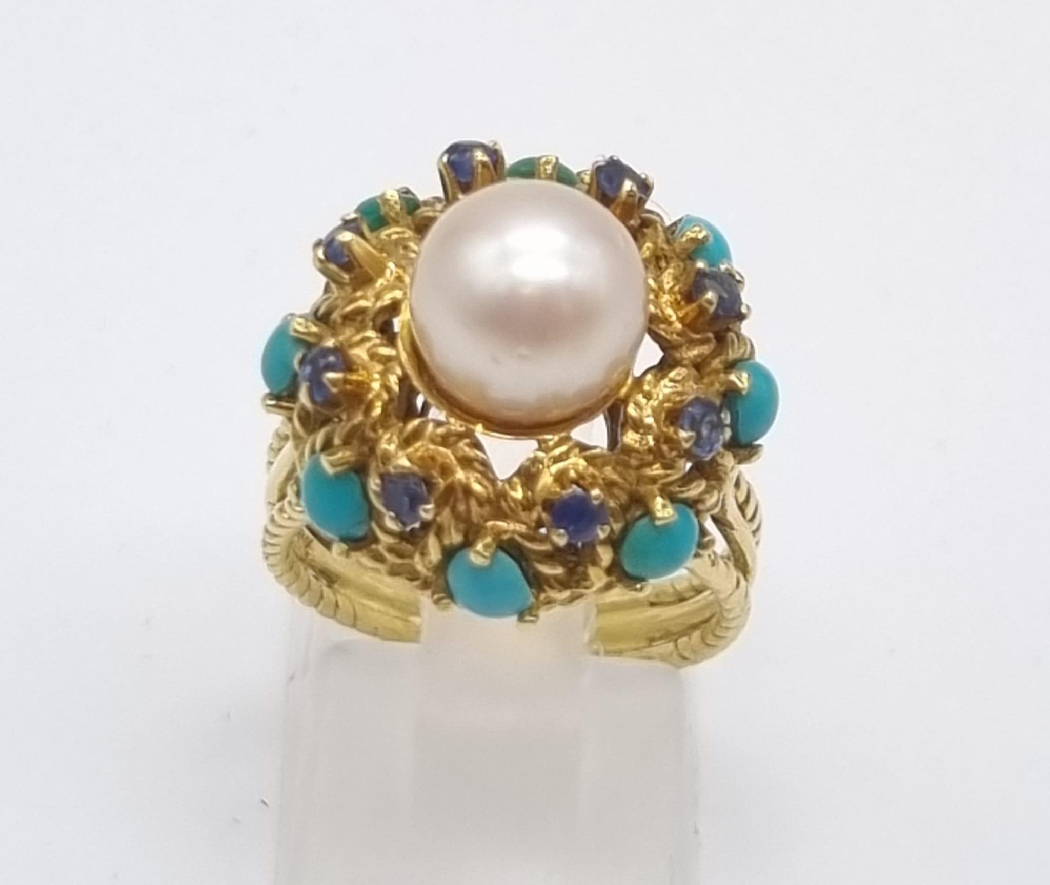 A Wonderful Vintage Possibly Antique 18K Yellow Gold, Turquoise and Pearl Ring/Brooch Set. Ring - - Image 2 of 13