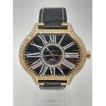 A De La Cour 18k Gold and Diamonds - Since Tomorrow Dress Watch. Black leather strap with 18k gold