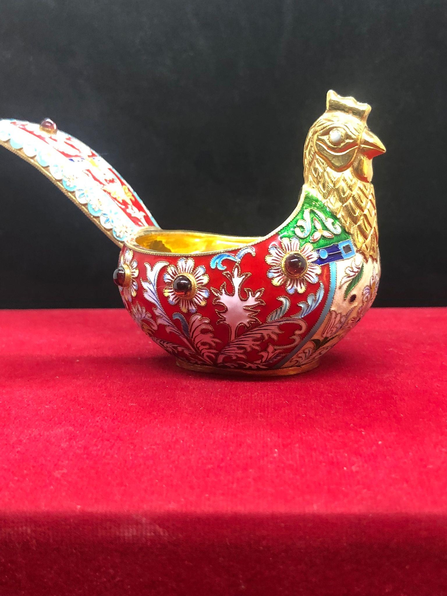A large Russian silver enamel gem set Russian bird kovsh in red colour theme. Length to tail 13cm - Image 2 of 11