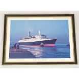 A Lovely Collectable Vintage Print of The QE2 Cruise Liner Signed by its First Captain - W.E Warwick