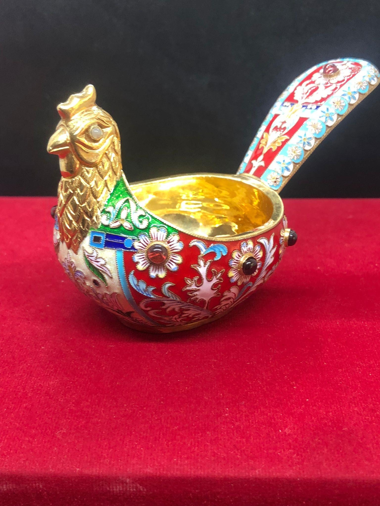 A large Russian silver enamel gem set Russian bird kovsh in red colour theme. Length to tail 13cm - Image 7 of 11