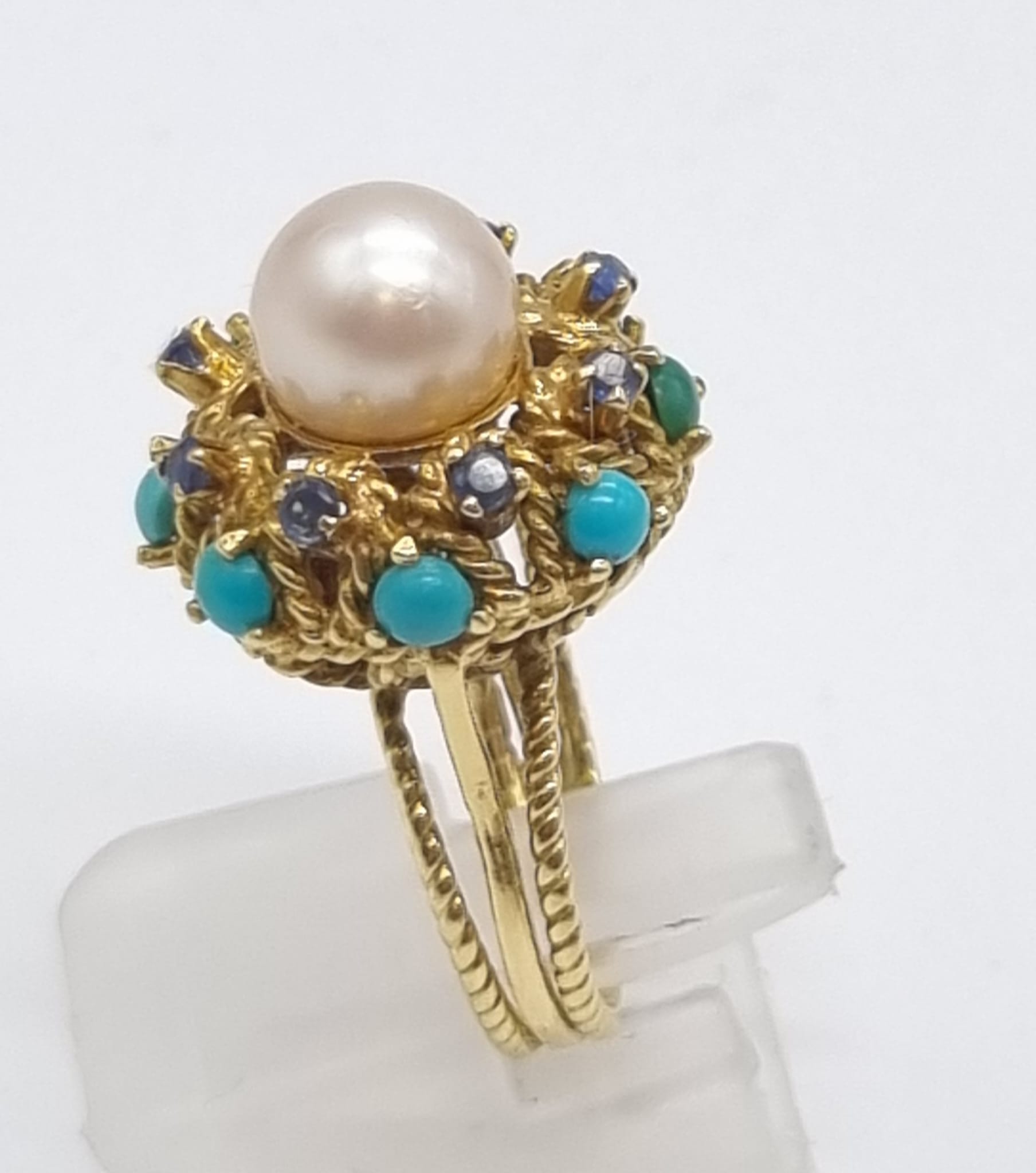 A Wonderful Vintage Possibly Antique 18K Yellow Gold, Turquoise and Pearl Ring/Brooch Set. Ring - - Image 5 of 13