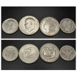Four American Silver Coins: Two one dollars and two half dollars. Please see photos for conditions.