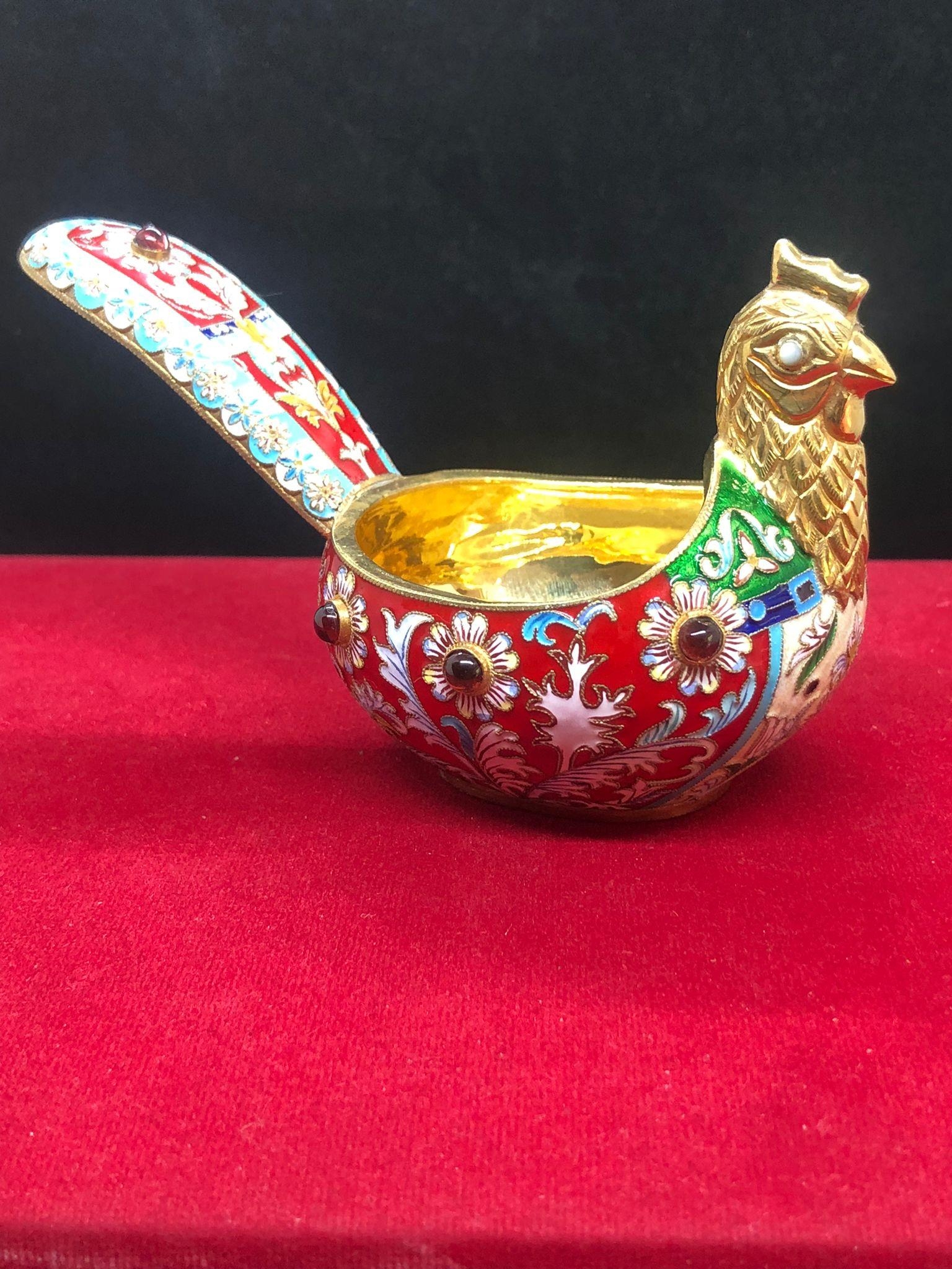 A large Russian silver enamel gem set Russian bird kovsh in red colour theme. Length to tail 13cm