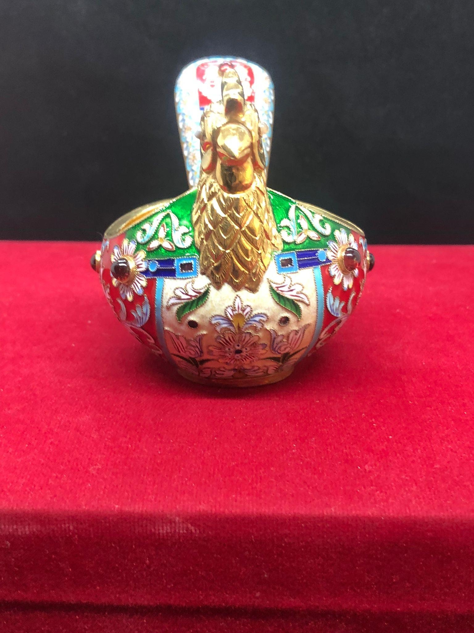 A large Russian silver enamel gem set Russian bird kovsh in red colour theme. Length to tail 13cm - Image 4 of 11