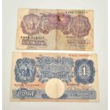 Two Peppiatt WW2 Emergency Issue Notes. A blue one pound note and a mauve ten shilling note.